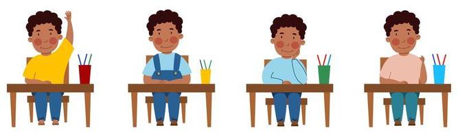 A set of illustrations with a student sitting at a classroom desk. A dark-skinned, curly-haired boy at the table raised her hand. vector