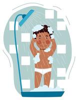 A dark-skinned boy washes in the shower. Daily routine. vector