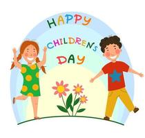 Happy children is a Day. A girl and a boy are happy in a clearing with flowers. vector