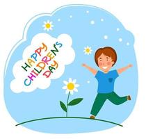 Happy children is a Day. A funny boy runs through a blooming field. vector