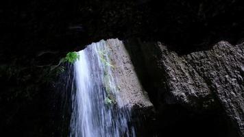 erstaunlicher Wasserfall tief im Inneren des Berges. Wasser, das von einer Höhle herunterläuft. Dschungelfeeling. um die Welt reisen. Urlaub für erholsame Stunden. levada do moinho nach levada nova in madeira, portugal. video