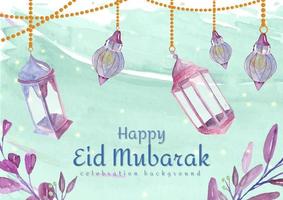 feliz eid mubarak con concepto de linterna y hoja de acuarela vector