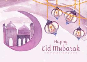 Happy eid mubarak with lantern and leaf watercolor concept vector