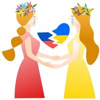 Russian and Ukrainian girl holding hand.Heart broken.No war. vector