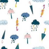 Rain and umbrellas seamless pattern. Rainy day background. Clouds, rain, lightning and different umbrellas. Perfect for kids clothing, textile, scrapbooking, wallpaper. Hand draw Vector illustration.