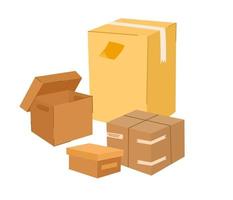 Boxes set. Cardboard boxes with various things. Moving and relocation concept. Hand-drawn color vector isolated illustrations. Cartoon style, fashionable design