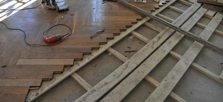 Construction of a wooden floor in a building site photo