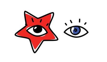 Illustration of human eyes. Vector. The look is directed to the viewer. An image of a pop star. Red star as a make-up on the face. Fashionable image for t-shirt. vector