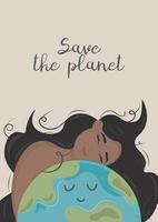 Happy Earth Day. Cute smiling girl hugging planet. Concept of environmental protection and nature care. Design for greeting card, postcard, poster, web or print. vector