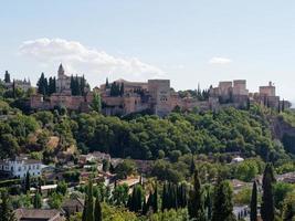 Panoramic view of Alhambra in Granada with the Sacromonte neighborhood below. Moorish Architecture. Unesco Spain. Travel in time and discover history. Amazing destinations for holidays.