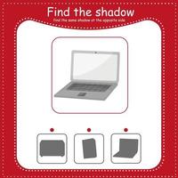 Find the correct shadow. Educational game for children. Cartoon vector illustration. Laptop