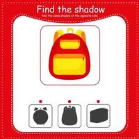 Find the correct shadow. Educational game for children.  Backpack vector