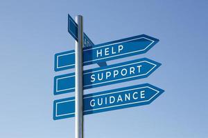Help, support, guidance word on signpost isolated on sky background photo