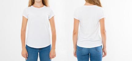Front and back views of young caucasian girl woman in stylish t-shirt on white background. Mock up for design. Copy space. Template. Blank photo