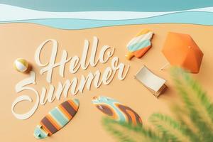 HELLO SUMMER sign on artificial beach with beach accessories