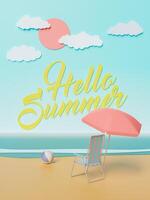 HELLO SUMMER sign on an artificial beach in a studio photo