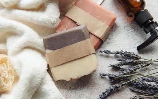 Natural soap with dried lavender flowers photo