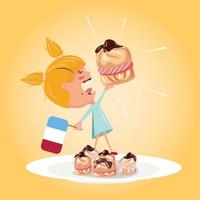 Little sweet tooth enjoying french dessert. Girl eating a big profiterole. Girl holding a French flag, eating and standing on the plate filled with profiteroles. Vector illustration.