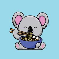 lindo koala come fideos ramen con ilustración de icono de vector de dibujos animados de palillos. concepto de icono de comida animal vector premium aislado. estilo de dibujos animados plana