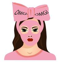 Pretty girl with pink beauty headband in the form of abow and cosmetic mask on her face. vector