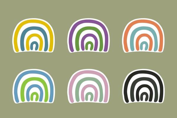 Set of stickers with hand drawn rainbows.