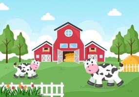 Dairy Cows Pictures with a View of a Meadow or a Farm in the Countryside to Eat Grass in an Illustration Flat Style vector