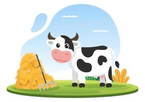 imágenes de vacas lecheras con vistas a un prado o una granja en el campo para comer hierba en un estilo plano ilustrativo vector