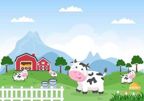Dairy Cows Pictures with a View of a Meadow or a Farm in the Countryside to Eat Grass in an Illustration Flat Style vector
