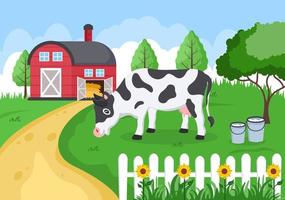 imágenes de vacas lecheras con vistas a un prado o una granja en el campo para comer hierba en un estilo plano ilustrativo
