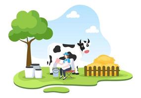 los granjeros están ordeñando vacas para producir u obtener leche con vistas a prados verdes o en granjas en un estilo plano ilustrativo vector