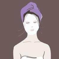 linda toalla de baño de mujer con máscara cosmética en la cara vector