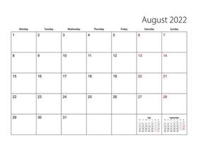 August 2022 simple calendar planner, week starts from Monday. vector