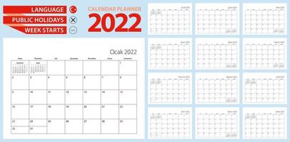Turkish calendar planner for 2022. Turkish language, week starts from Sunday. Vector template.