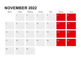 Diseño de calendario planificador de noviembre de 2022. la semana comienza a partir del lunes. vector