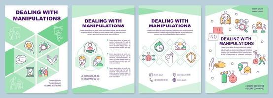 Dealing with manipulations green brochure template. Being aware. Leaflet design with linear icons. 4 vector layouts for presentation, annual reports. Arial-Black, Myriad Pro-Regular fonts used