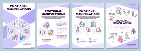 Emotional manipulations purple brochure template. Abusive behavior. Leaflet design with linear icons. 4 vector layouts for presentation, annual reports. Arial-Black, Myriad Pro-Regular fonts used