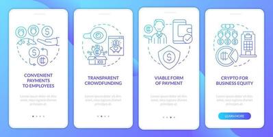 Crypto strong points in usage blue gradient onboarding mobile app screen. Walkthrough 4 steps graphic instructions pages with linear concepts. UI, UX, GUI template. Myriad Pro-Bold, Regular fonts used vector