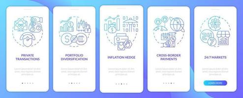 Crypto respective strengths blue gradient onboarding mobile app screen. Walkthrough 5 steps graphic instructions pages with linear concepts. UI, UX, GUI template. Myriad Pro-Bold, Regular fonts used