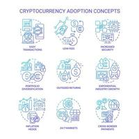 Cryptocurrency adoption blue gradient concept icons set. Easy transactions idea thin line color illustrations. Increased security. Isolated symbols. Roboto-Medium, Myriad Pro-Bold fonts used vector