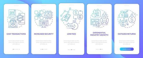 La criptocompetencia beneficia la pantalla de la aplicación móvil de incorporación de degradado azul. tutorial 5 pasos páginas de instrucciones gráficas con conceptos lineales. interfaz de usuario, ux, plantilla de interfaz gráfica de usuario. innumerables fuentes pro-negrita y regulares utilizadas vector