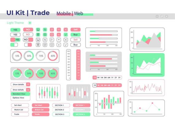 Trade UI elements kit. Business and commerce isolated vector dashboard components. Flat interface buttons template. Web design widget collection for mobile application with light theme