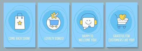 Customer greeting card with color icon element set. Clients retention. Postcard vector design. Decorative flyer with creative illustration. Notecard with congratulatory message on blue