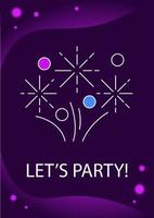 Lets have party greeting card with color icon element. Having fun and dancing. Postcard vector design. Decorative flyer with creative illustration. Notecard with congratulatory message on purple