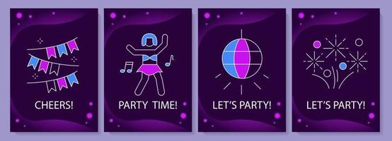 Festive party greeting cards with color icon element set. Having fun and dance. Postcard vector design. Decorative flyer with creative illustration. Notecard with congratulatory message