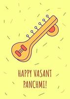 Happy vasant panchami greeting card with color icon element. Indian holiday. Postcard vector design. Decorative flyer with creative illustration. Notecard with congratulatory message on yellow