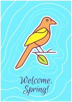 Welcome spring greeting card with color icon element. Seasonal greetings. Postcard vector design. Decorative flyer with creative illustration. Notecard with congratulatory message on blue