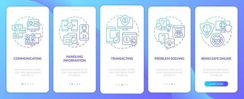 pantalla de la aplicación móvil de incorporación de degradado azul de habilidades digitales. Guía del sistema digital Páginas de instrucciones gráficas de 5 pasos con conceptos lineales. interfaz de usuario, ux, plantilla de interfaz gráfica de usuario. innumerables fuentes pro-negrita y regulares utilizadas vector