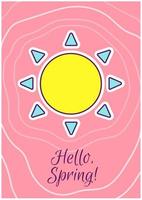 Hello spring greeting card with color icon element. Seasonal greetings. Postcard vector design. Decorative flyer with creative illustration. Notecard with congratulatory message on pink