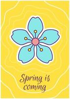 Spring is coming greeting card with color icon element. Seasonal greetings. Postcard vector design. Decorative flyer with creative illustration. Notecard with congratulatory message on yellow