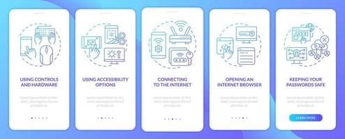 pantalla de la aplicación móvil de incorporación de degradado azul de habilidad de base básica digital. Tutorial de páginas de instrucciones gráficas de 5 pasos con conceptos lineales. interfaz de usuario, ux, plantilla de interfaz gráfica de usuario. innumerables fuentes pro-negrita y regulares utilizadas vector